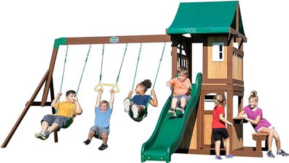 Backyard Discovery Lakewood Cedar Wood Swing Set, Covered Upper Deck with White Trim Window, Slide with Rails, Lower Fort Area with Door and Attached - WoodArtSupply