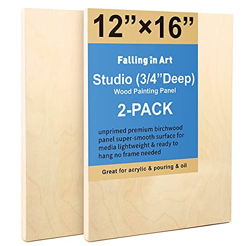Unfinished Birch Wood Canvas Panels Kit, Falling in Art 2 Pack of 12x16’’ Studio 3/4’’ Deep Cradle Boards for Pouring Art, Crafts, Painting, and More Falling in Art