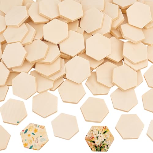 OLYCRAFT 100PCS Hexagon Wood Pieces Unfinished Wood Hexagon Pieces 1.5x1.3x0.2 Inch Natural Wood Hexagon Cutout Wood Hexagon Blank Slices for DIY