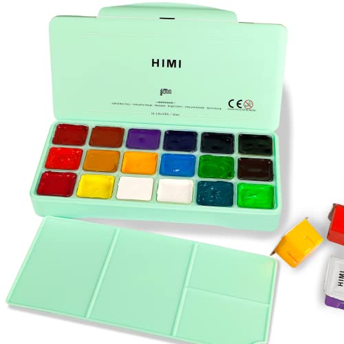 HIMI Gouache Paint Set, 18 Colors x 30ml with a Palette & a Carrying Case, Unique Jelly Cup Design, Miya Guache Paint on Canvas Watercolor Paper - - WoodArtSupply