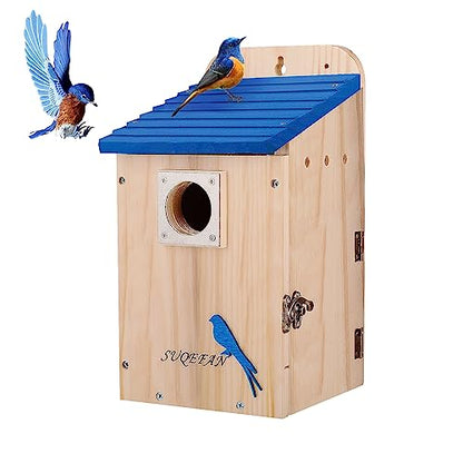 SUQEFAN 11" H Hanging Wood Blue Bird House for Outside Clearance with Metal Guard，Birdhouses for Outdoor Finch Bluebird Cardinals，Gifts for Bird - WoodArtSupply