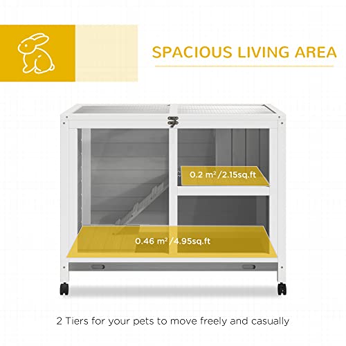 PawHut Indoor Rabbit Hutch with Wheels, Desk and Side Table Sized, Wood Rabbit Cage, Waterproof Small Rabbit Cage, Gray - WoodArtSupply