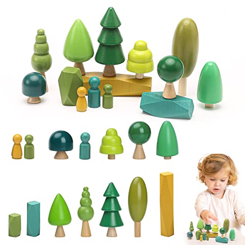 Macabaka Wooden Tree Toy Set 14 Pieces Wooden Sorting Stacking Balancing Stone Rocks Natural Wooden Mini Trees for Home Decor, Cake Topper and Macabaka