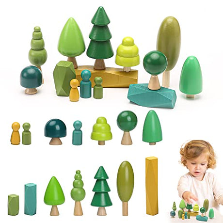 Macabaka Wooden Tree Toy Set 14 Pieces Wooden Sorting Stacking Balancing Stone Rocks Natural Wooden Mini Trees for Home Decor, Cake Topper and Macabaka