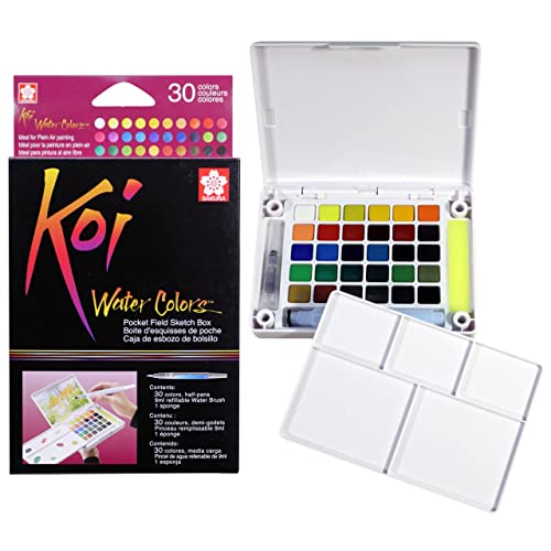SAKURA Koi Pocket Field Sketch Kit - Watercolor Sets for Painting On the Go - 30 Colors - 1 Water Brush - 1 Sponge - 1 Mixing Palette SAKURA