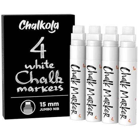 White Jumbo Chalk Markers - 15mm Window Markers | Pack of 4 White Pens - Use on Cars, Chalkboard, Whiteboard, Blackboard, Glass, Bistro | Loved by Chalkola