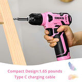 DEKO 8V Cordless Drill, Drill Set with 3/8"Keyless Chuck, 42pcs Acessories, Built-in LED, Type-C Charge Cable, Pink Power Drill for Drilling and DEKOPRO