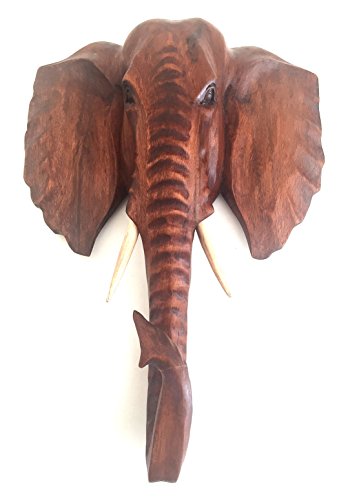 OMA Wood Carved Elephant African Mask Wall Hanging Decor For Luck & Fortune - LARGE SIZE BRAND (16" Classic, Brown) OMA