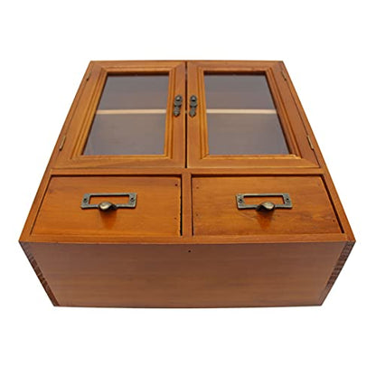 VKSG Multi-Colour Wooden Storage Cabinet with Glass Double Doors, Adjustable Shelf, and Two Drawers - WoodArtSupply