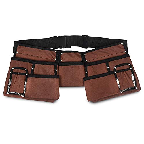 11 Pocket Brown and Black Heavy Duty Construction Tool Belt, Work Apron, Tool Pouch, with Poly Web Belt Quick Release Buckle - Adjusts from 33” GlossyEnd