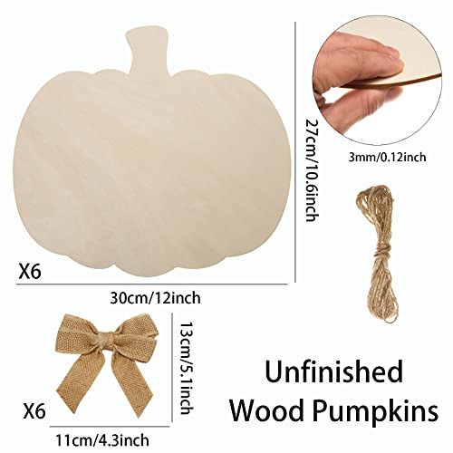 6 Pieces Large Wooden Pumpkin Cutout 12 Inch Unfinished Wood Pumpkin Craft Cutout Blank Wooden Pumpkin Shape Cutout with Bows for Fall Thanksgiving