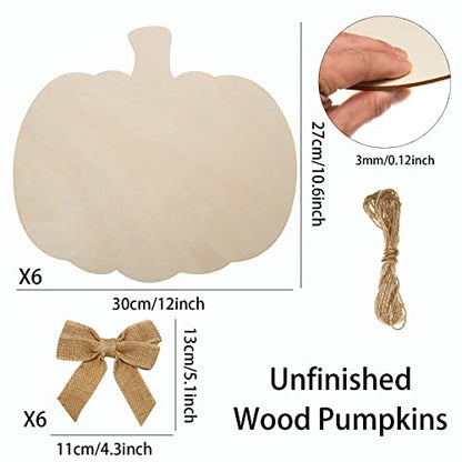 6 Pieces Large Wooden Pumpkin Cutout 12 Inch Unfinished Wood Pumpkin Craft Cutout Blank Wooden Pumpkin Shape Cutout with Bows for Fall Thanksgiving