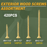 LIONMAX Wood Screws Assortment Kits 4Size 420PCS, Deck Screws 1-1/4", 1-1/2", 2", 2-1/2", Star Drive Screws with Coarse Thread, Tan Coated for LIONMAX