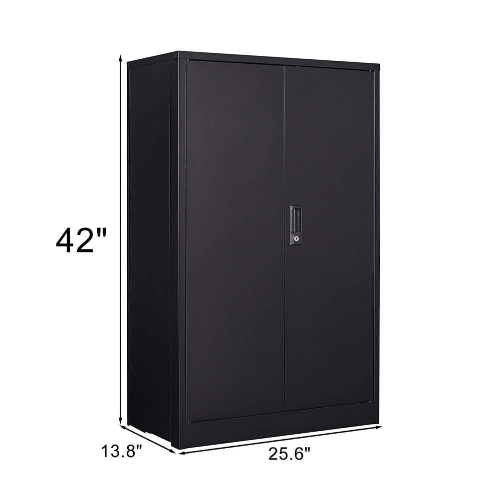 Locking Metal Storage Cabinets, 42" Lockable Steel Storage Cabinet, Tall White Cabinet with 2 Doors and 2 Adjustable Shelves for Garage, Classroom,