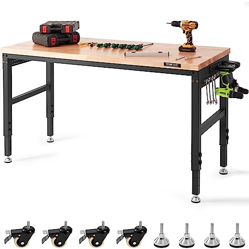 VEVOR Workbench for Garage 60" Adjustable Workbench, Heavy-Duty Hardwood Worktable with Universal Wheels, 2000 LBS Load Capacity, with Power Outlets, - WoodArtSupply