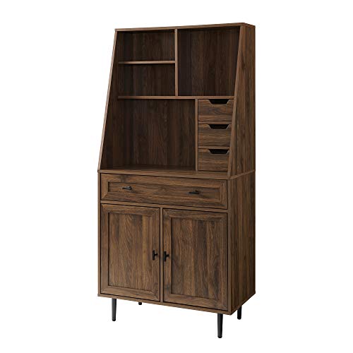 Walker Edison Dark Walnut Secretary Hutch Desk with Storage and Keyboard Drawer - WoodArtSupply