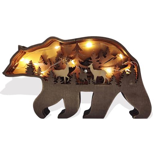 MIYOLO Light Up Bear Art Decor Wooden Brown Bear Figurine with LED Home Shelf Desk Decorations Rustic Multi-Layer Bear Crafts - WoodArtSupply