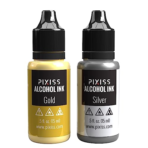 Pixiss Metallic Alcohol Ink Set - Silver and Gold Metallic Alcohol Ink Mixatives, 5oz Metallic Alcohol Pigment Resin Dye, Alcohol Inks for Epoxy - WoodArtSupply