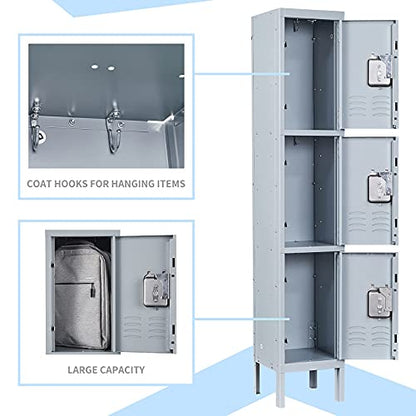 MIIIKO Employee Lockers, Metal Cabinet 3 Doors, Gym Locker with Hooks, 3 Tier Shelves Storage Locker Organizer for School Kids, Home Office Bedroom - WoodArtSupply