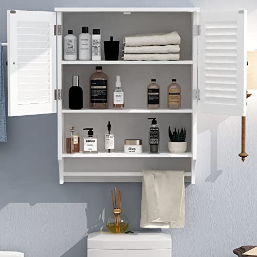 ChooChoo Medicine Cabinet with Towels Bar, 23.6" L x8.9 W x29.3 H MDF Material Bathroom Wall Cabinet, 2 Doors Over The Toilet Space Saver Storage