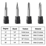 MNA Engraving CNC Wood Carving Router Bit Set, 4 Piece, 1/4" Shank, Soild Carbide 15° 20° 60° 90° V Groove Bit. for CNC or Wood Router, MNA MNA