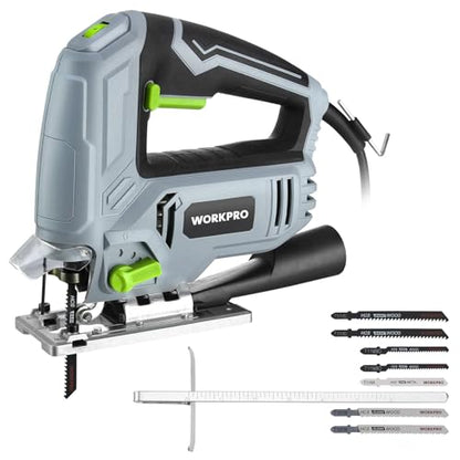 WORKPRO Jig Saw, Heavy Duty Design, 5 AMP 3000 SPM, Jigsaw Tool Corded Electric Power Cutter for Wood, Metal and Plastic Cutting, 7 Blades - WoodArtSupply