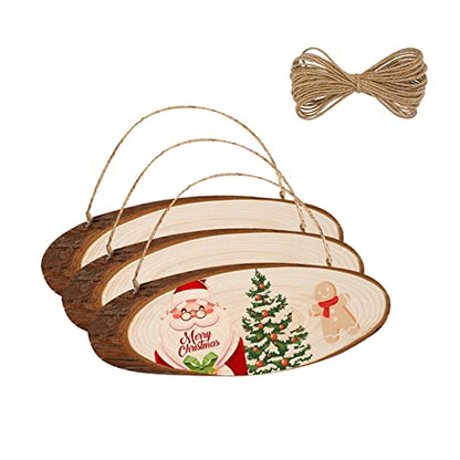 FEZZIA Natural Wood Slices, 3PCS Unfinished Oval Shaped Wood kit Predrilled with Bark for Christmas Decorations, DIY Crafts, Wedding Ornaments,