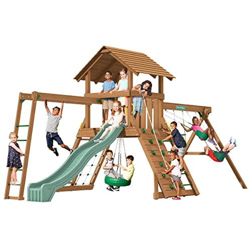 Creative Playthings Northbridge Pack 4 Wooden Swing Set (Made in The USA), Includes Climbing Wall for Kids, Playground Swings & Slide, Monkey Bars &