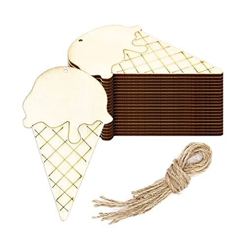 20pcs Ice Cream Wood DIY Crafts Cutouts Wooden Ice Cream Shaped Hanging Ornaments with Hole Hemp Ropes Gift Tags for Wedding Birthday Christmas