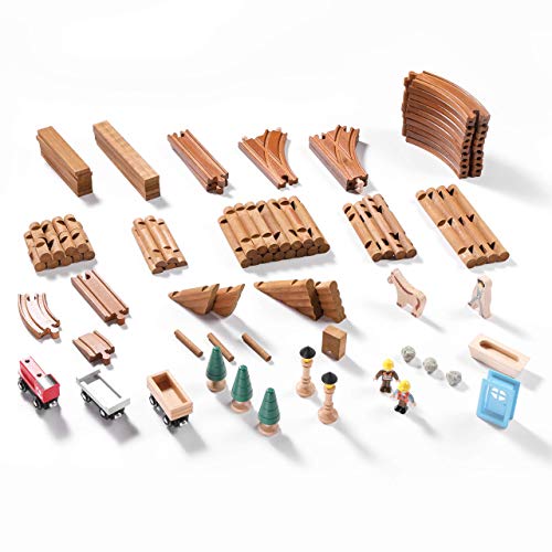 SainSmart Jr. 100 PCS Wooden Train Set with Log Cabin, Toddler Buildable Train Track - Real Wood Building Blocks Construction Toy for 3,4,5 Year Old - WoodArtSupply