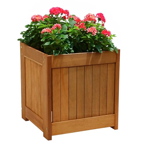 Sunnydaze Meranti Wood 16-Inch Square Planter Box with Teak Oil Finish - Set of 2 - WoodArtSupply