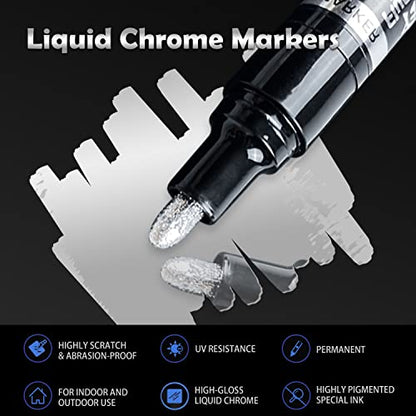 3Pcs Silver Liquid Mirror Chrome Markers, Permanent Reflective Liquid Chrome Paint Pens Set, High Gloss Art Car DIY Model Repair Markers Set for