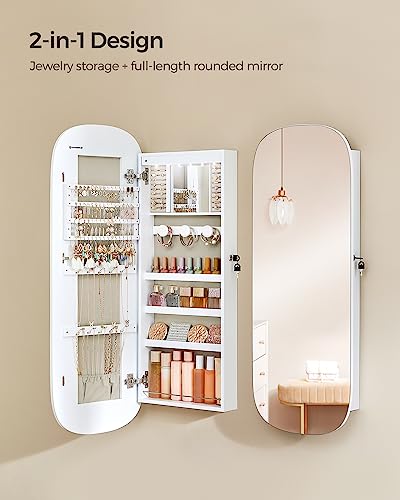 SONGMICS Jewelry Organizer, LED Jewelry Cabinet Wall/Door Mounted, Lockable Rounded Wide Mirror with Storage, Interior Mirror, White Surface with