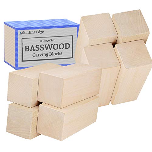 Basswood Blocks for Carving (8 Pieces - 2" x 2" x 5") - Wood Carving Kit with Unfinished Whittling Wood Blank Blocks STARLING EDGE