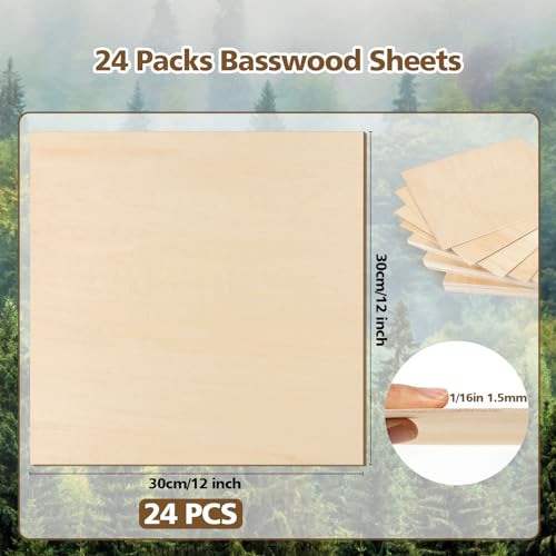 Basswood Sheets 1/16 x 12 x 12 inch - 1.5mm Basswood Sheets Plywood Sheets, 24Pcs Square Unfinished Wood Board for DIY Crafts, Laser Cutting, Wood