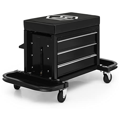 M-AUTO Rolling Mechanic Stool Garage Toolbox Stool Tool Chest Seat w/Wheels, 350LBS Capacity Padded Mechanic Stool Creeper Seat w/Drawers & Side Tool M-AUTO
