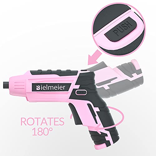 Bielmeier Pink Electric Screwdriver Kit 5N.m,4V Lithium-ion Battery Cordless Mini Drill Set Rechargeable with LED Light and USB Charge Cable，27pcs BIELMEIER