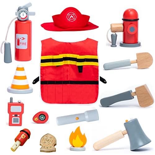 umu Firefighter Costume for Kids, 14 PCS Pretend Toy Wooden Fireman Role Play Firefighter Accessories with Fire Extinguisher and Hydrant, Fireman umu