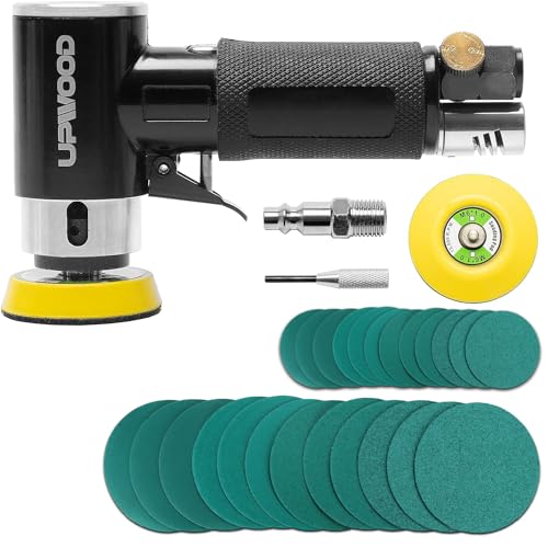 2'' 3'' Mini Orbital Air Sander by UPWOOD, Small Pneumatic Random Orbital Sander Kit with Hook And Loop Sanding Pads 30pcs Sandpapers and 21pcs - WoodArtSupply