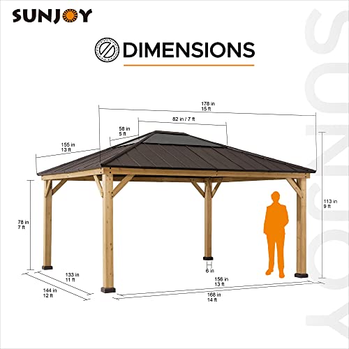 Sunjoy Hardtop Gazebo 13 x 15 ft. Standard Cedar Framed Wood Gazebo with Brown Steel and Polycarbonate Hip Roof Hardtop for Garden, Backyard Shade,