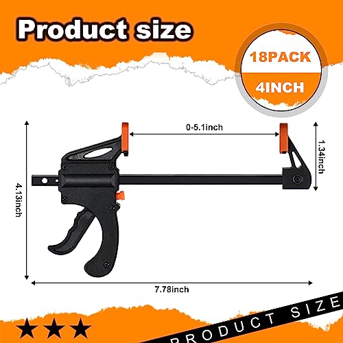 Lasnten 18 Pcs 4 Inch Bar Clamps for Woodworking Grip Craft Mini Clamps One Handed Wood Clamps Trigger Clamp Ratchet Clamp Wood Working Tools for Lasnten