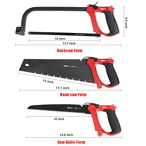 AIRAJ High-end Hacksaw Set, Universal Metal Hacksaw with 3 Different Hacksaw Blades, Best Hacksaw for Metal and Heavy Duty Hand Saw for Cutting Wood, AIRAJ