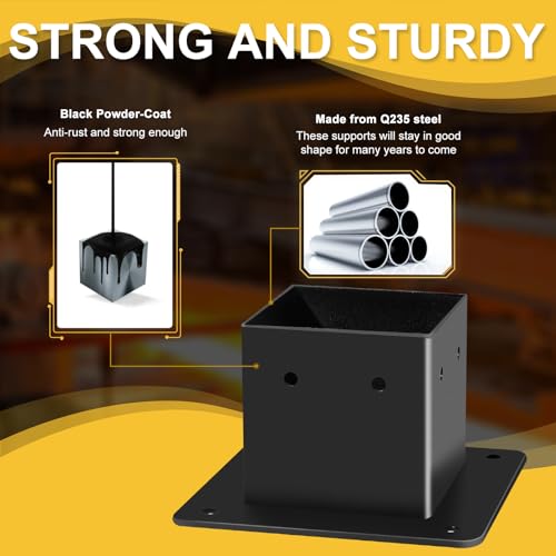 HONSREO 4x4 Post Base, 4Pcs Post Brackets (Inner Size 3.5"x3.5"), Black Powder-Coated Heavy Duty Steel Fence Post Anchor for Deck Porch Railing HONSREO