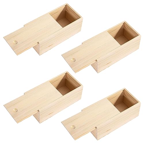 RHBLME 4 Pack Unfinished Wood Box with Sliding Lid, 7.87" x 3.94" x 3.15" Wooden Keepsake Box Storage Box, Rustic Wood Gift Boxes for Art Hobbies RHBLME