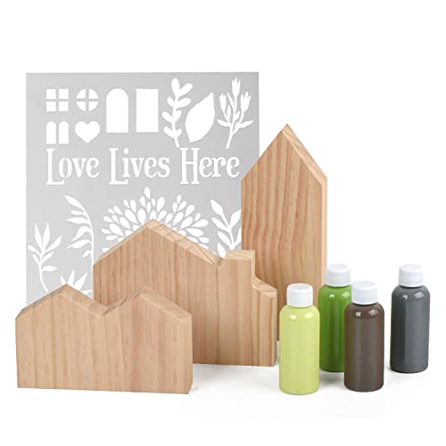 DIY Wood Table Top House Painting Kit w/ Stencil for Flowers & More - DIY House Kit for Adults & Kids - Unfinished Wood Crafts w/ Acrylic Paint - - WoodArtSupply