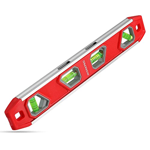 WORKPRO 12 Inch Torpedo Level, Magnetic Small Leveler Tool, Plumbing Level with Pitch Vial, Aluminum Reinforced, 4 Bubbles, V-Groove for Conduit WORKPRO