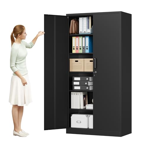 MIIIKO Metal Storage Cabinet with Locking Doors, Black Garage 5 Shelves, 18'' Deep Locker for Garage, Industrial, Commercial, Workshop and Basement - WoodArtSupply