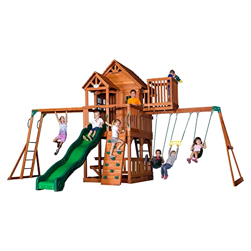 Backyard Discovery, Skyfort II Playground Cedar Wood Swing Set with Playhouse Fort, Sandbox, Picnic Table, Slide, Monkey Bars, Swings, Rock Climber,