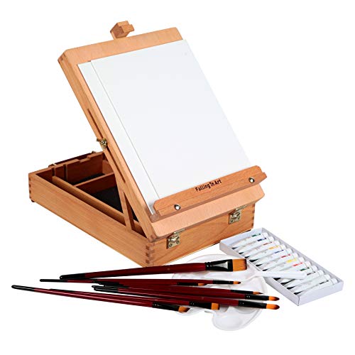 Falling in Art Easel Box Acrylic Paint Set with Portable Table Display Stand, Acrylic Paint, Canvas Panels, Brushes, Palette for Christimas Gift - WoodArtSupply