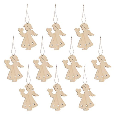 Happyyami Christmas Tree Hanging Pendant 10pcs Hanging Wooden Christmas Tree Decorations Ornaments Unfinished Wood Angle Heart Cutouts Shapes Wooden Happyyami